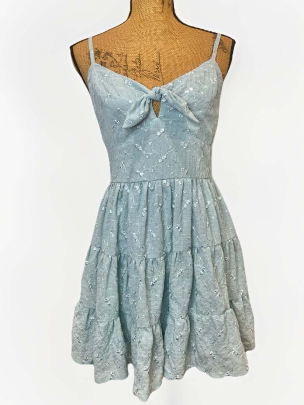Altar'd State Embroidered Mini Dress Tiered Skirt Light Blue Size Medium